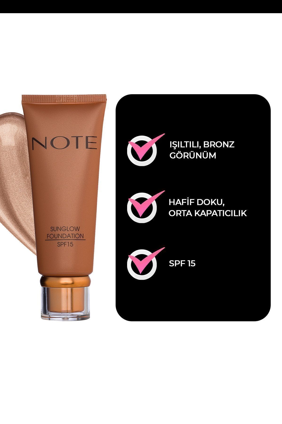 NOTE Sunglow Foundation Spf 15 Işıltılı Bronzlaştırıcı Fondöten - 20 Orta - Görsel 2