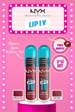NYX Professional Makeup LIP I.V. Vitamin İçeren Parlatıcı + Tint - 07 Bubblegum Burst & 02 Hydra-Honey Toka Hediyeli Set