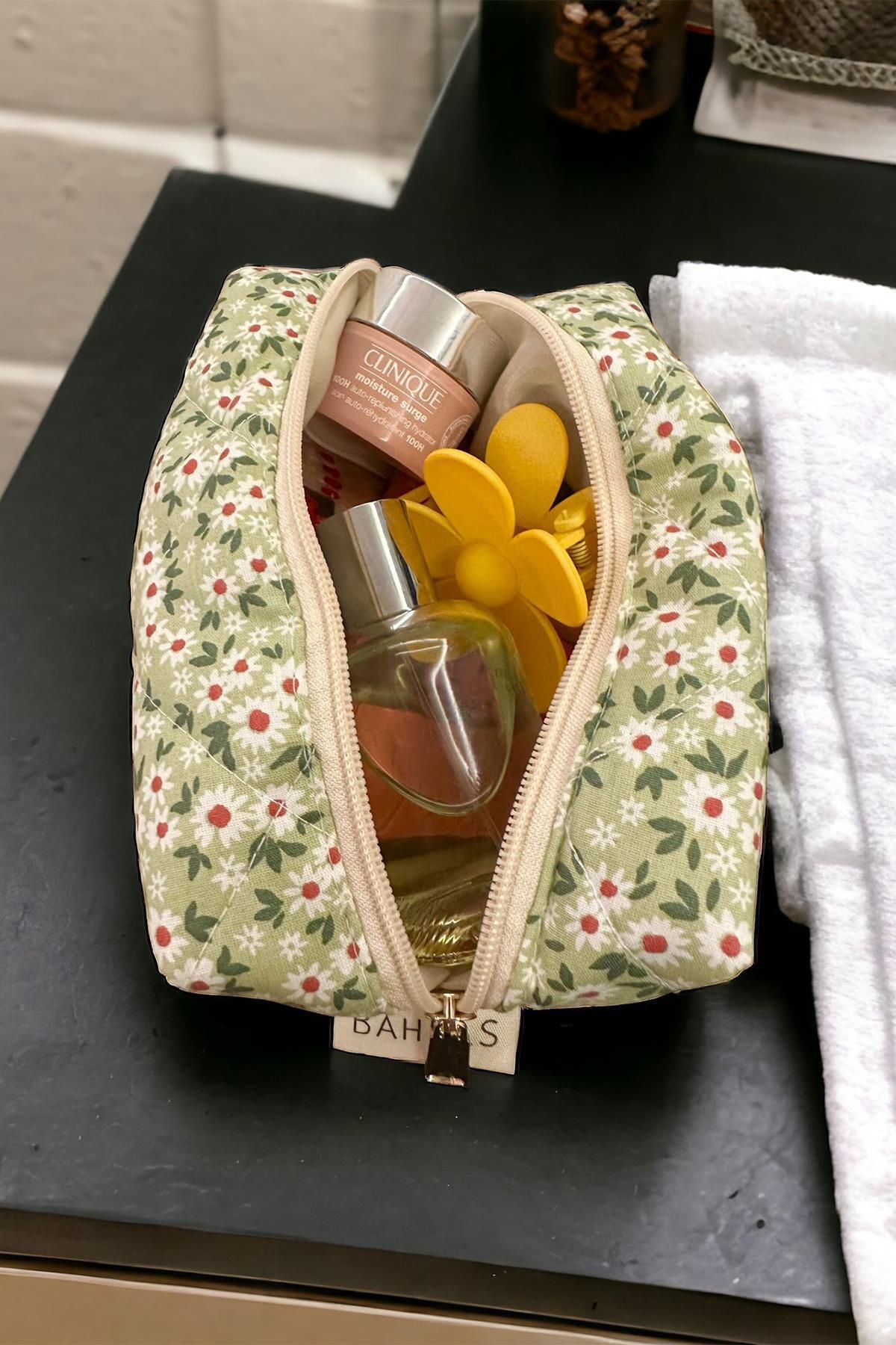 BAHELS Yeşil Çiçek Desen Makyaj Çantası Modern Tasarım 826334 - Görsel 2