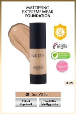 NOTE Mattifying Extreme Wear Spf 15 Yoğun Kapatıcı Mat Bitişli Fondöten - 01 Beige
