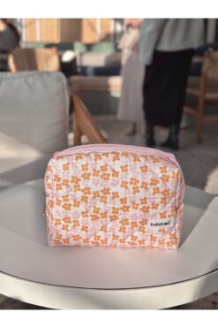Batekso Turuncu Çiçek Desenli Makyaj Çantası - Büyük Boy