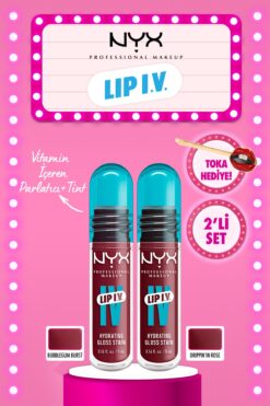 NYX Professional Makeup LIP I.V. Vitamin İçeren Parlatıcı + Tint - 07 Bubblegum Burst & 08 Drippin In Rose Toka Hediyeli Set