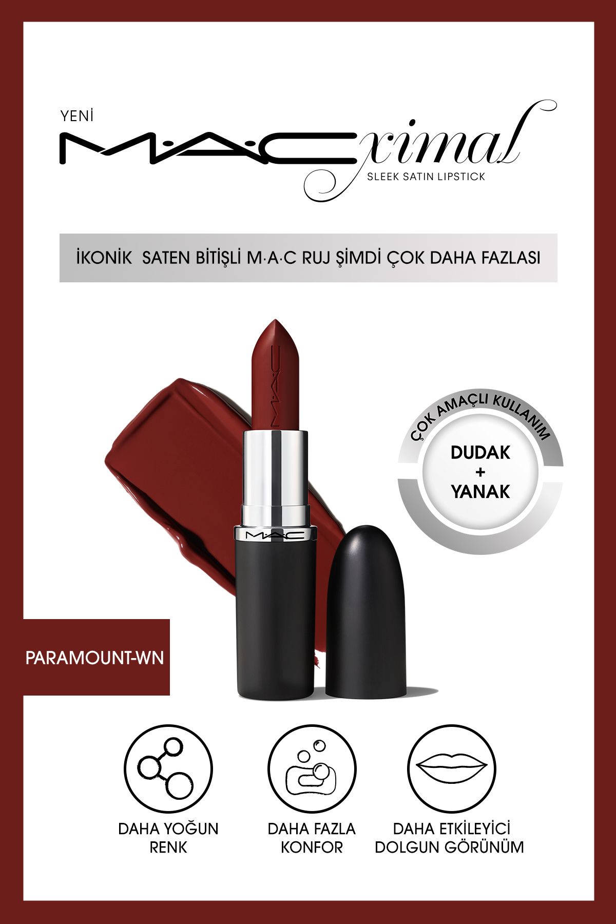 M.A.C Macximal Sleek Satin Lipstick Ikonik Saten Bitişli Ruj-paramount 3.5gm