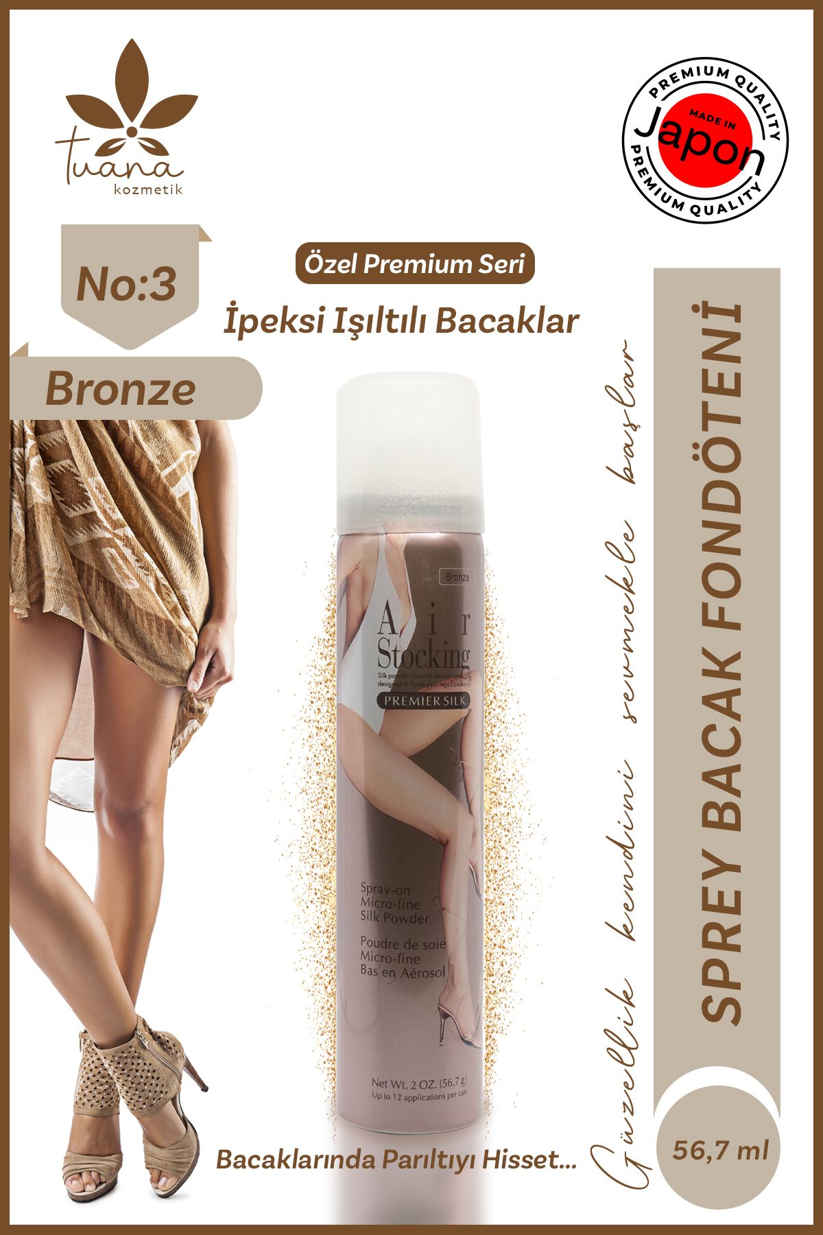 Tuana Kozmetik Air Stocking Ipek Tozlu, Nemlendirici, Bacak Spreyi Bronzlaştırıcı Etki Vücut Sprey 56.7g Bronze