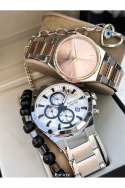 Ferrucci Marka Gümüş Renk Çelik Kordon Sevgili , Çift Kol Saatleri Tesbih Bileklik Hediyeli