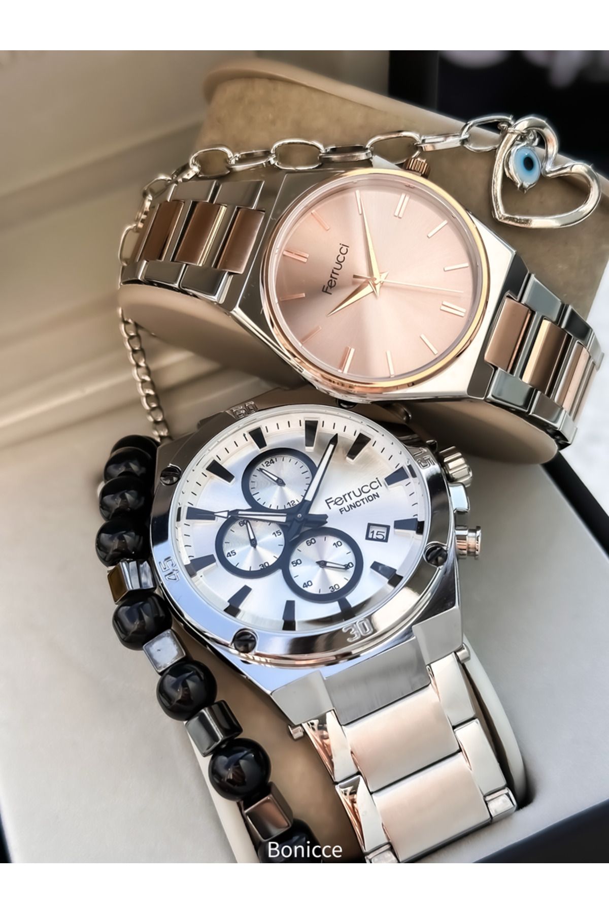 Ferrucci Marka Gümüş Renk Çelik Kordon Sevgili , Çift Kol Saatleri Tesbih Bileklik Hediyeli