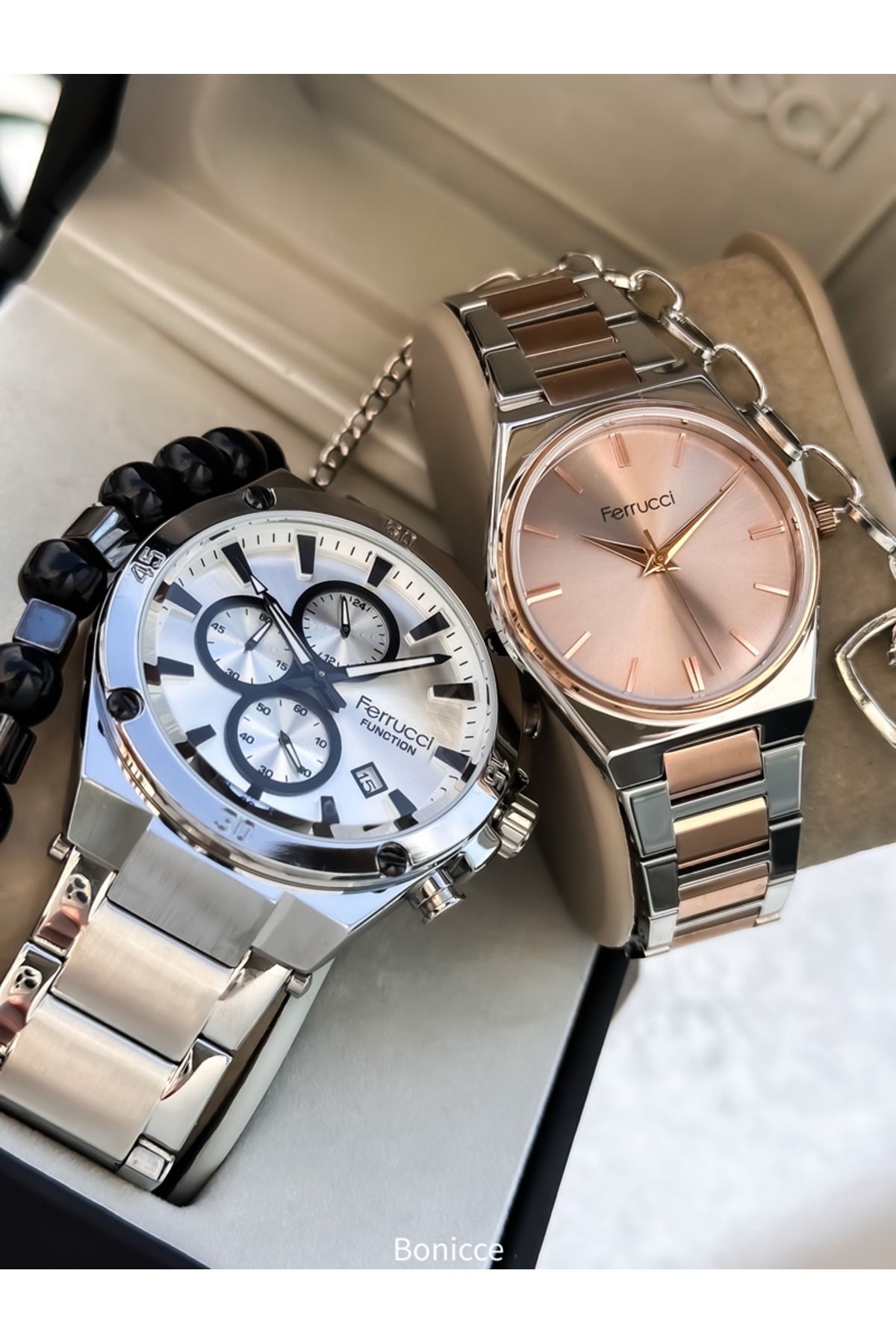 Ferrucci Marka Gümüş Renk Çelik Kordon Sevgili , Çift Kol Saatleri Tesbih Bileklik Hediyeli - Görsel 2