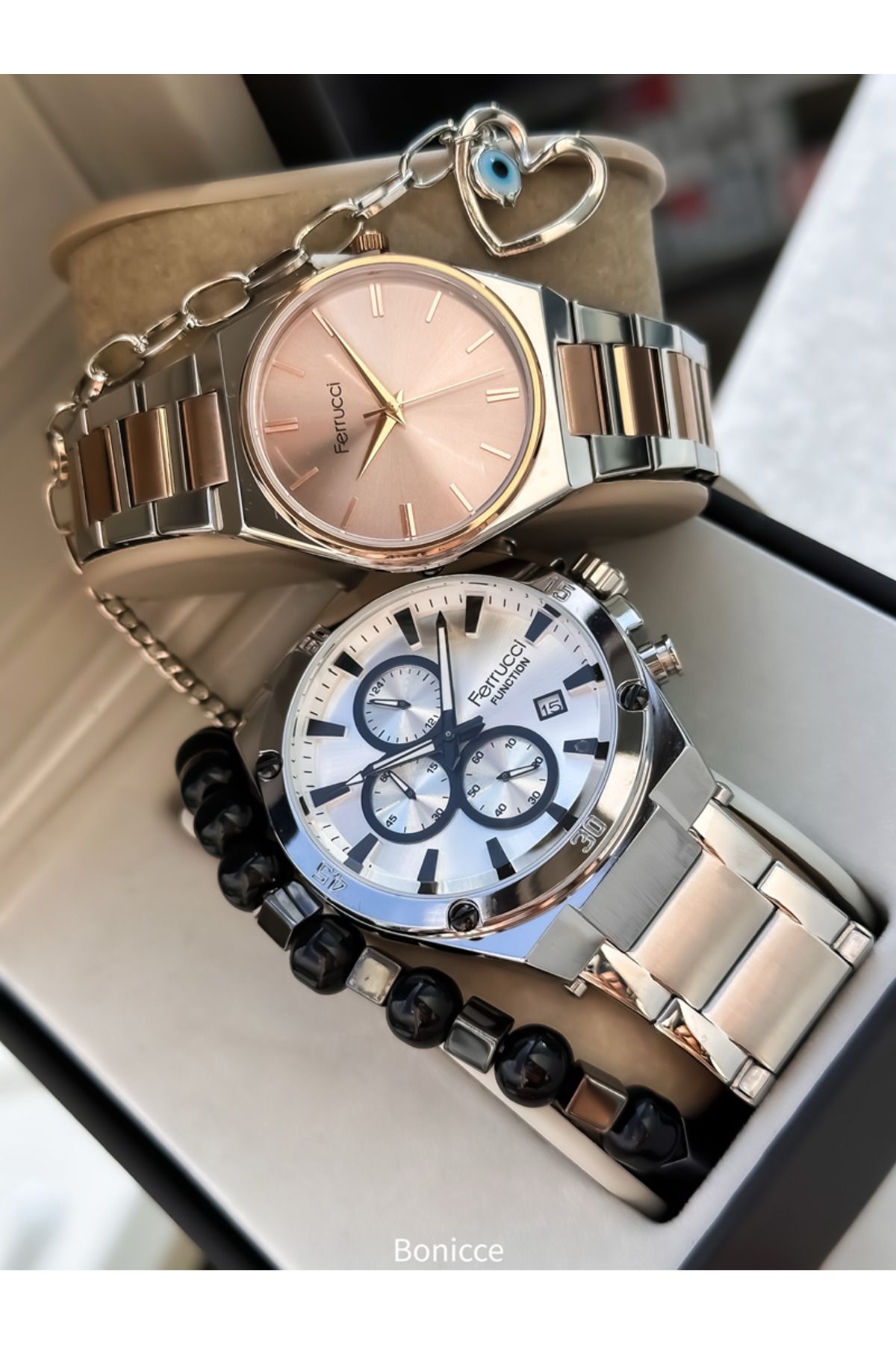 Ferrucci Marka Gümüş Renk Çelik Kordon Sevgili , Çift Kol Saatleri Tesbih Bileklik Hediyeli - Görsel 3