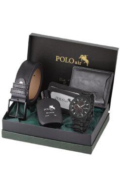 Polo Air Erkek Kol Saati Seti Cüzdan Kartlık Kemer Parfüm Kombin Siyah Renk Kpl-0785e1