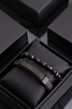 Sortie Aksesuar Siyah Hakiki Deri Ve Hematit Doğal Taş Erkek Kombin Bileklik Seti 002