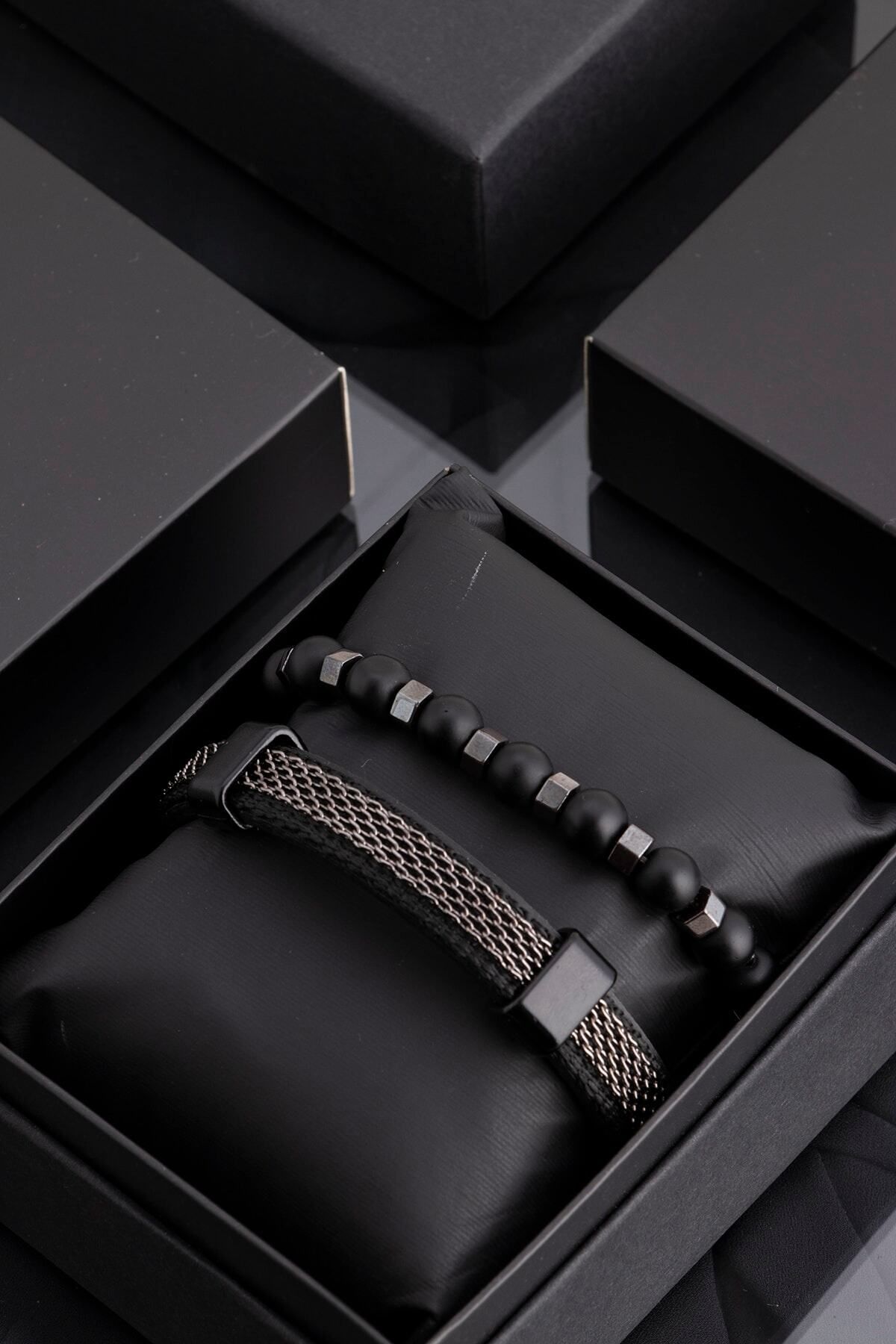 Sortie Aksesuar Siyah Hakiki Deri Ve Hematit Doğal Taş Erkek Kombin Bileklik Seti 002