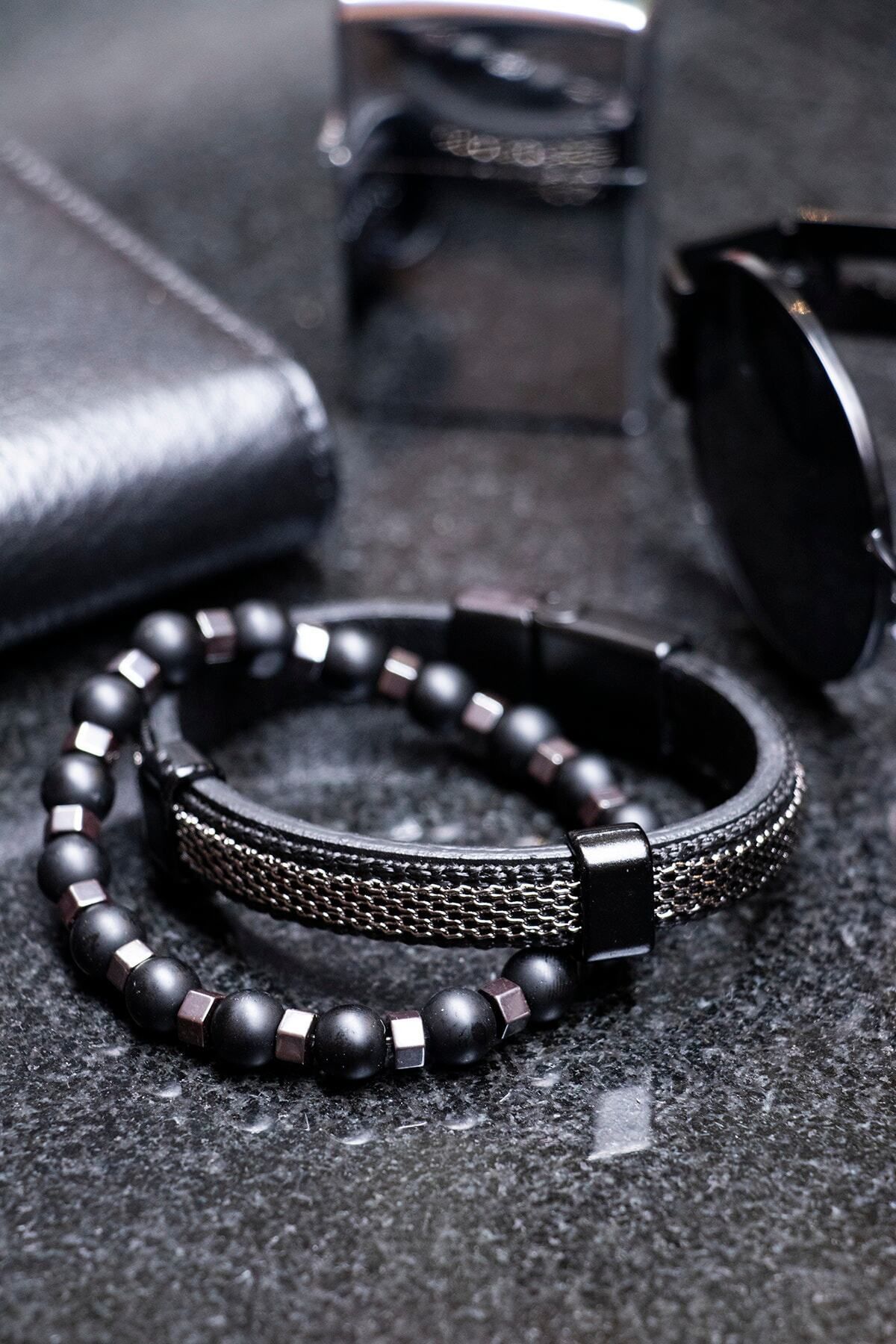 Sortie Aksesuar Siyah Hakiki Deri Ve Hematit Doğal Taş Erkek Kombin Bileklik Seti 002 - Görsel 2