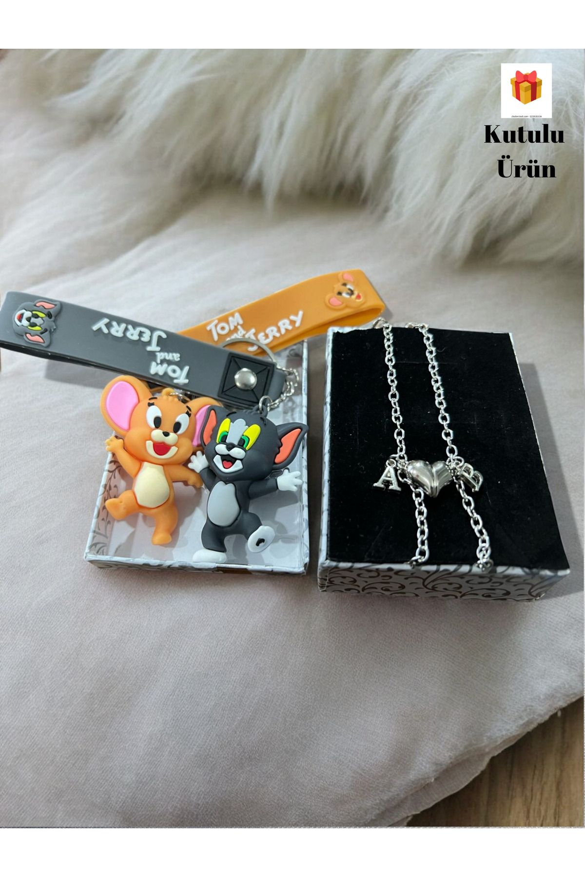 GLANZEND 2'li Mıknatıslı Harfli Çift Bileklik Ve Tom Ve Jerry Sevgili Anahtarlık
