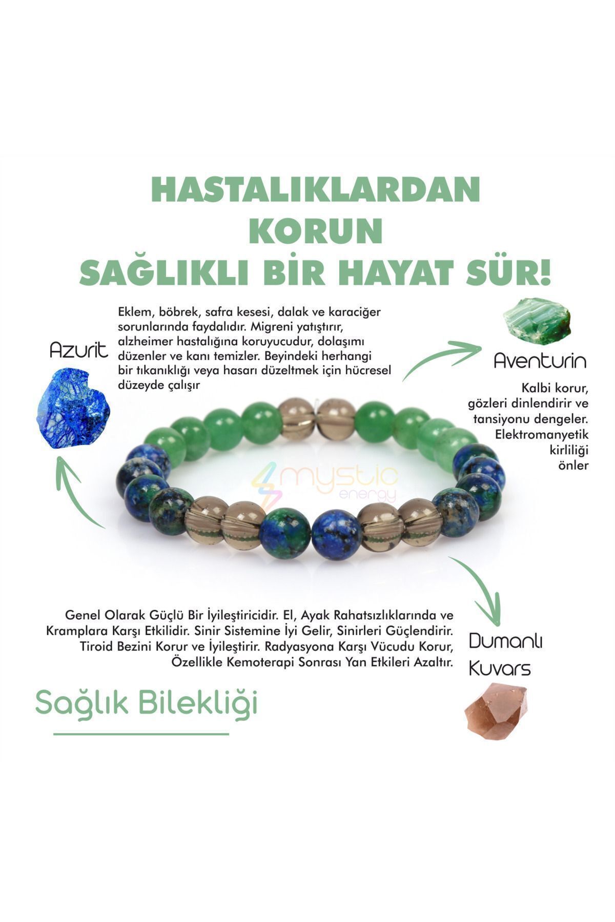 Mystic Energy Sertifikalı Sağlık Ve Şifa Tılsım Bilekliği |dumanlı Kuvars - Aventurin - Azurit| Hediyelik Doğaltaş