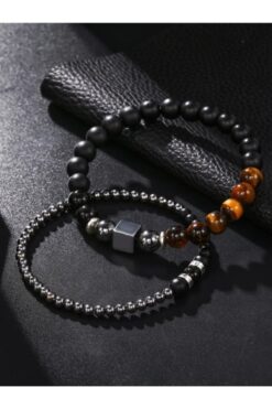Padore Accessory Hematit Ve Kaplan Gözü Ile Hazırlanmış Çok Şık 2 Adet Doğal Taş Bileklik | Güç Taşı