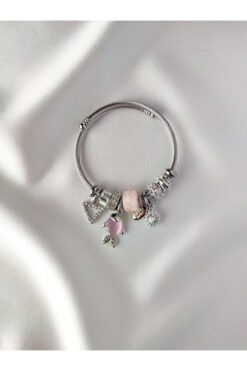 ARYA DESİGN Gümüş Renk Pembe Balık Charmlı Çelik Bileklik