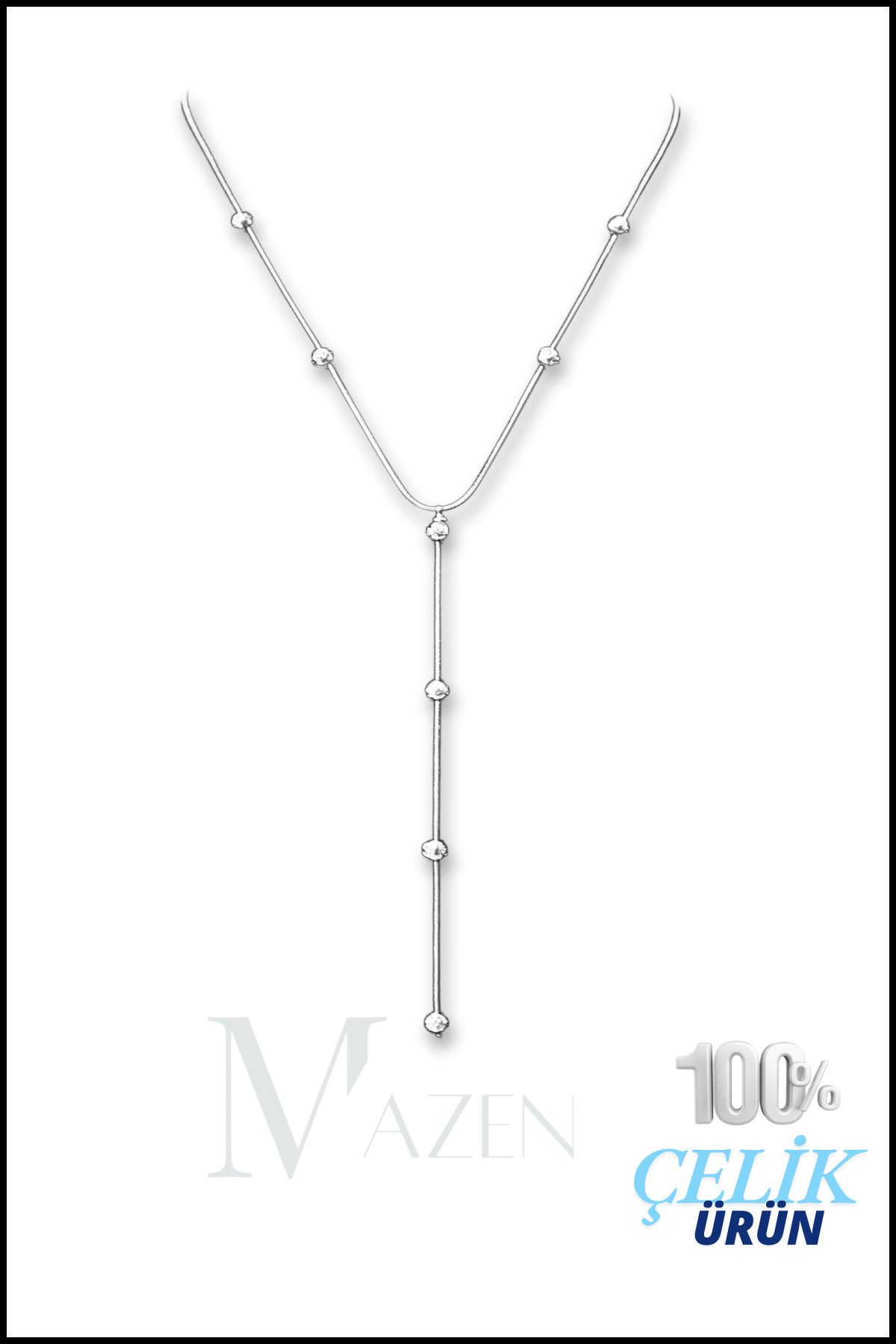 MAZEN Cerrahi Çelik Y Kolye Top Detay Yılan Zincir Gümüş Renk