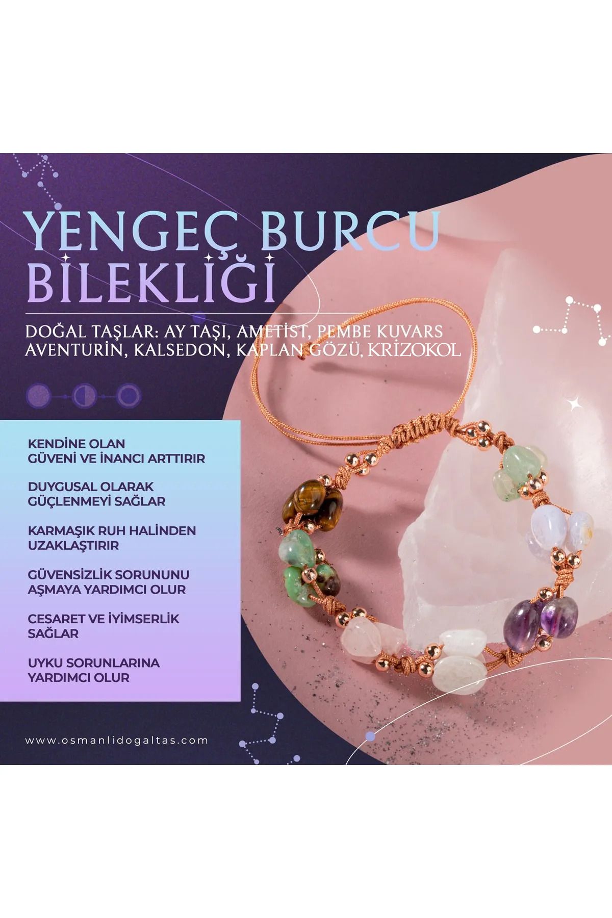 OSMANLI DOĞAL TAŞ Yengeç Burcu Doğal Taş Natürel Makrome Bileklik - Görsel 2