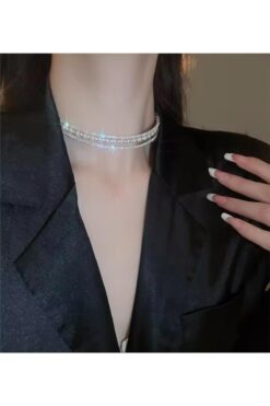 Pelin Aksesuar Silver 3 Sıralı İncili Kristalli Choker Kolye