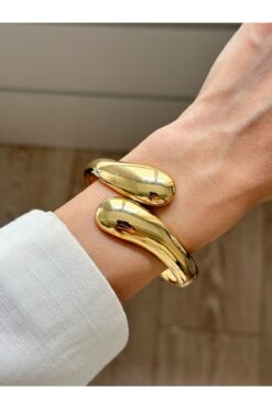 YOUES JEWELRY 316l Çelik Kalın Kelepçe Damla Model Bileklik Dalgalı Bilezik 14k Altın Kaplama Renk Gold