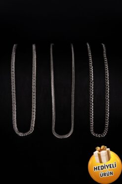 Piercing Market Steel & Silver 3'lü Burgu Örgü Ve Tilki Kuyruğu  Zincir Kolye Seti