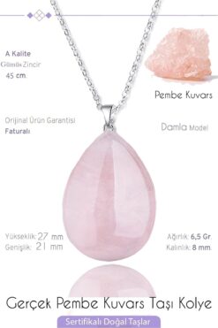 Tesbih Atölyesi Sertifikalı Damla Model Pembe Kuvars Taşı Kolye - Açık Renk