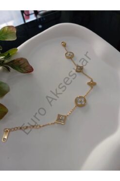 stainless steell Gold Yonca Detaylı Çelik Bileklik