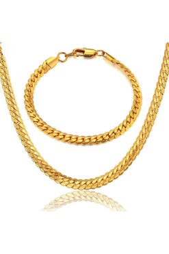 Takı Dükkanı Gold Ezme Yassı Yılan Çelik Unisex Kolye Ve Bileklik Seti Eck37s