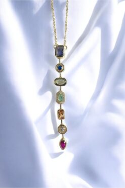 Diamara Designs Renkli Taşlı Y Kolye Rodyum Kaplama