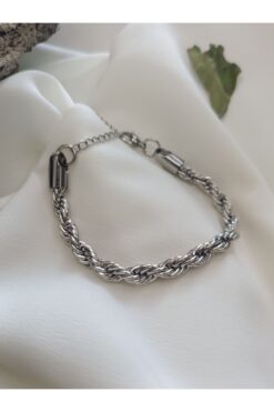 Luna Jewelry Erkek Gümüş Renk Halat Model 316 L Çelik Burgu Zincir Bileklik
