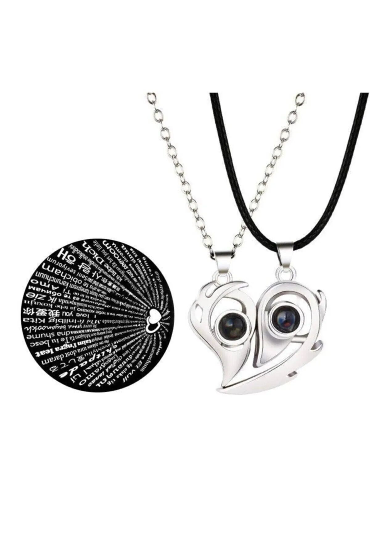 İYİ MODA 2 Adet Mıknatıslı Sevgili Kolyesi 100 Dilde Seni Seviyorum Yazılı Projeksiyon Mercekli Çift Kolyesi - Görsel 2