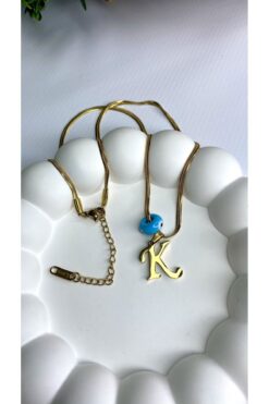 JustGAF Altın / Gold Renk İtalyan Zincir Mavi Boncuk 40 Cm K Harfli Çelik Kolye
