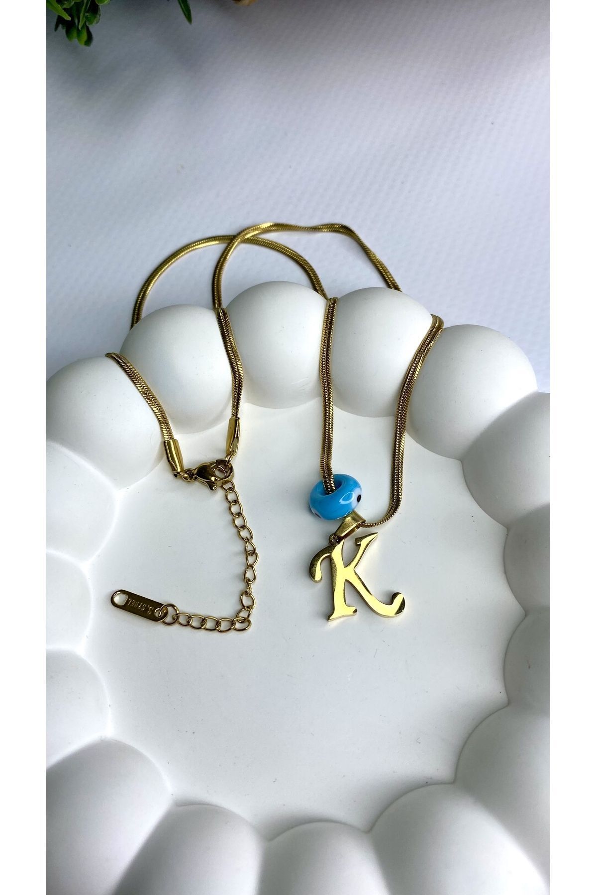 JustGAF Altın / Gold Renk İtalyan Zincir Mavi Boncuk 40 Cm K Harfli Çelik Kolye