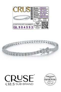 Crus Gümüş 2.5 Mm Su Yolu Bileklik - 18k Beyaz Altın Kaplama, Sertifikalı