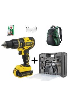 Stanley SCD718 Çift Akülü Vidalama + 100 Ad Aksesuar + Sırt Çantası + Gözlük + Yapıştırıcı Seti