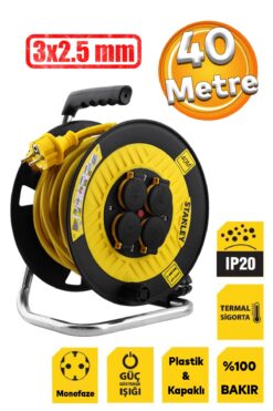 Stanley %100 Bakır 3x2.5 Mm 40 Metre Plastik Makaralı Seyyar 4 Prizli Elektrikli Araç Uzatma Kablosu H05vv-f