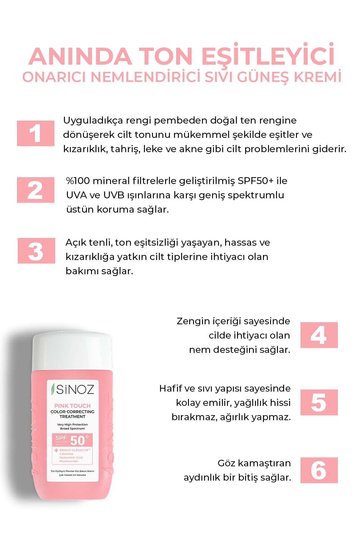 SİNOZ Pink Touch Anında Ton Eşitleyici Onarıcı Nemlendirici Pembe Yüz Güneş Kremi Spf50 - Görsel 2