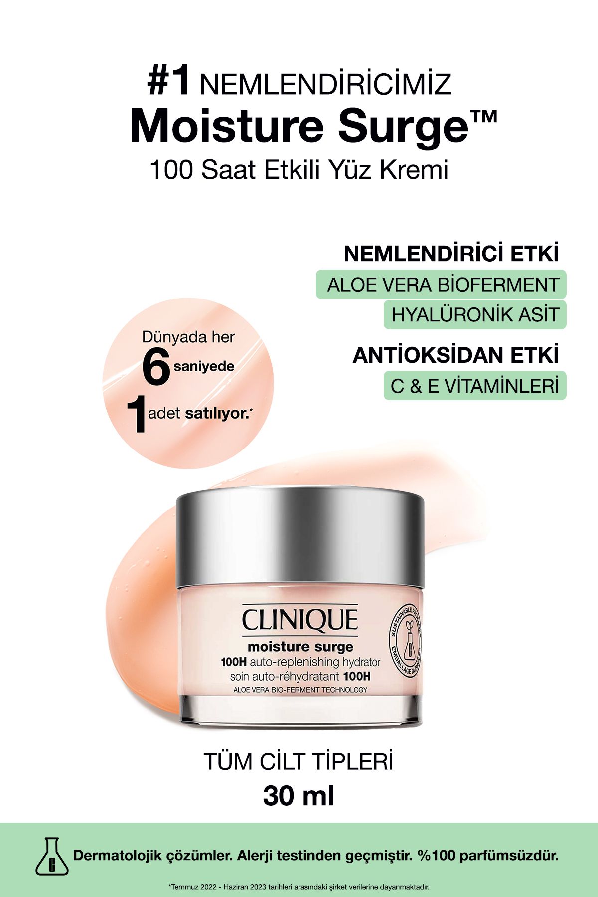 Clinique Moisture Surge™ 100 Saat Etkili Nemlendirici Yüz Kremi 30ml | Aloe Vera Bioferment, Hyalüronik Asit
