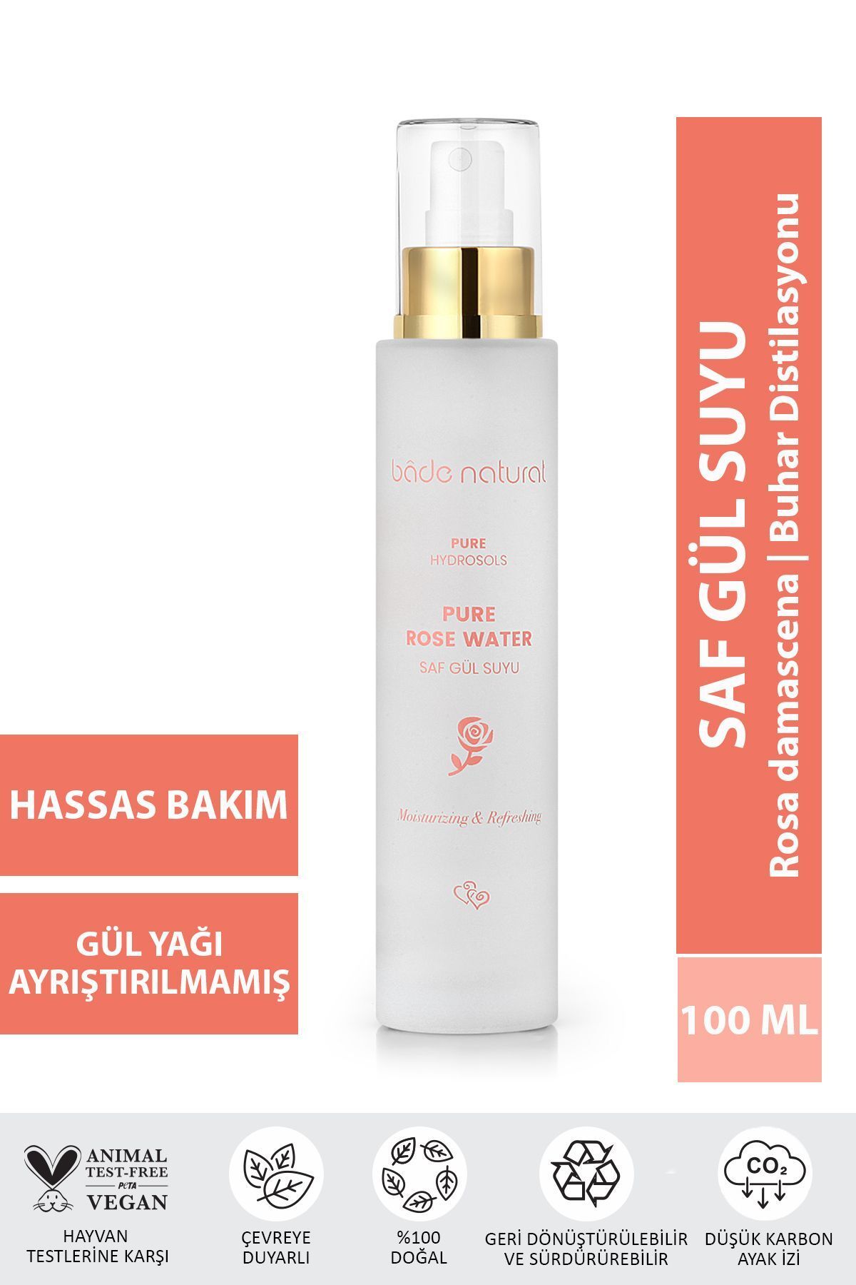 Bade Natural Gül Suyu Gözenek Sıkılaştırıcı Aydınlatıcı Ve Arındırıcı Tonik %100 Doğal Ve Saf 100 ml