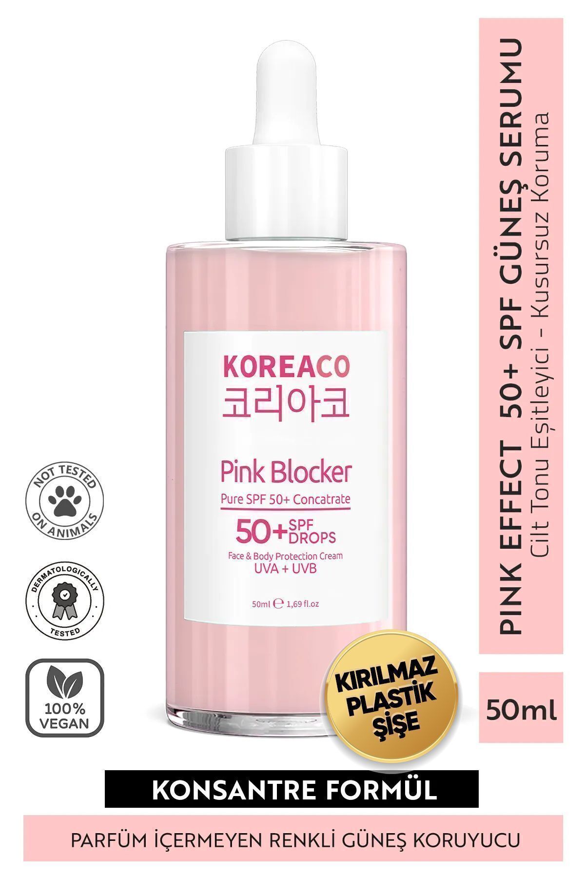 KOREACO %100 SAF BLOCKER PİNK CİLT TON EŞİTLEYİCİ YÜKSEK UVB+UVA SPF50+ KORUMALI GÜNEŞ SERUMU 50ml
