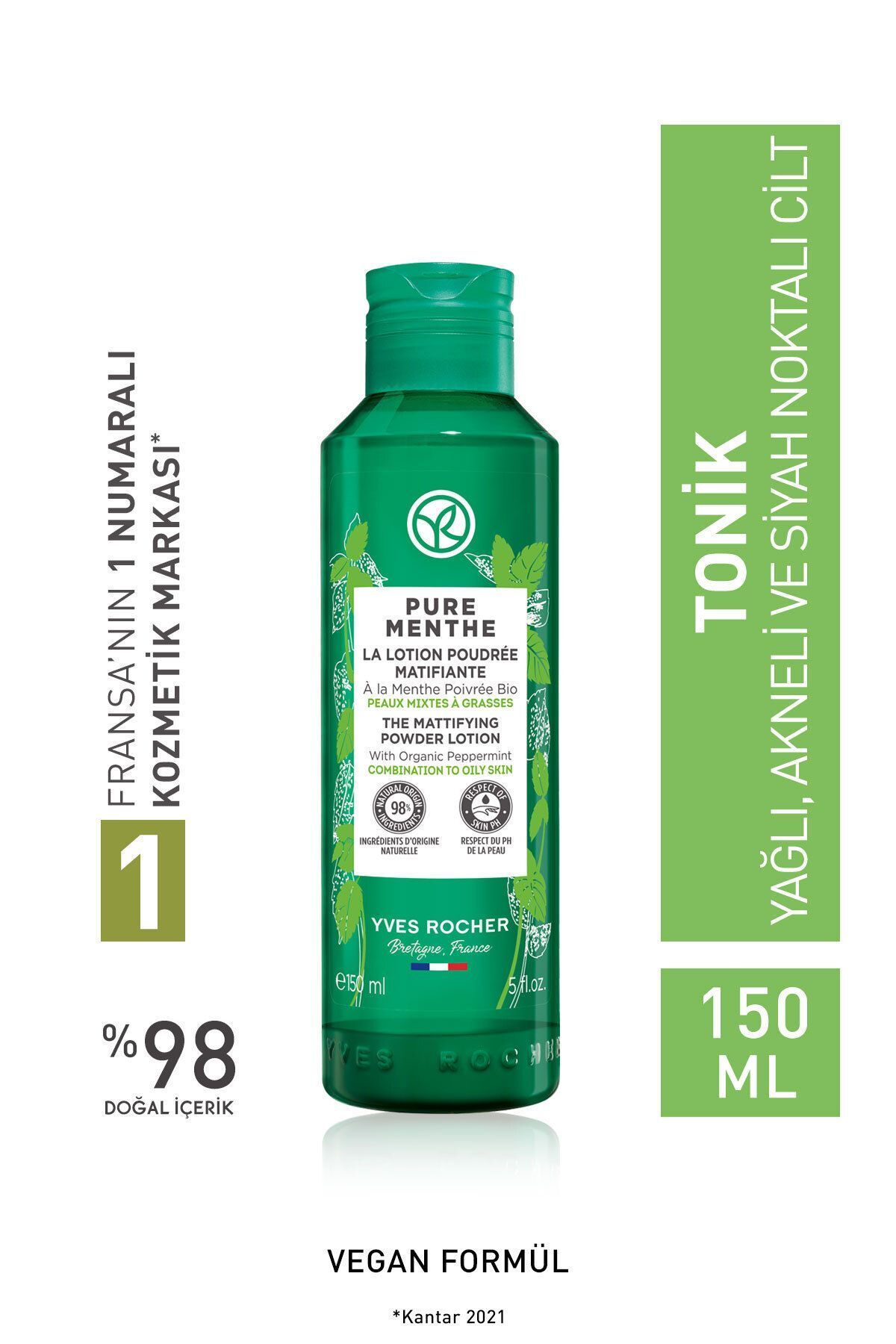 Yves Rocher Karma-Yağlı-Sivilce Eğilimli Cilt, Siyah Nokta Karşıtı Pudralı Tonik-Glikolik Asit-Pure Menthe-150ml