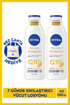 NIVEA Q10 7 Günde Sıkılaştırıcı Vücut Losyonu 250ml, C Vitamini, Nemlendirici, X2 Adet, Bez Çanta Hediyeli
