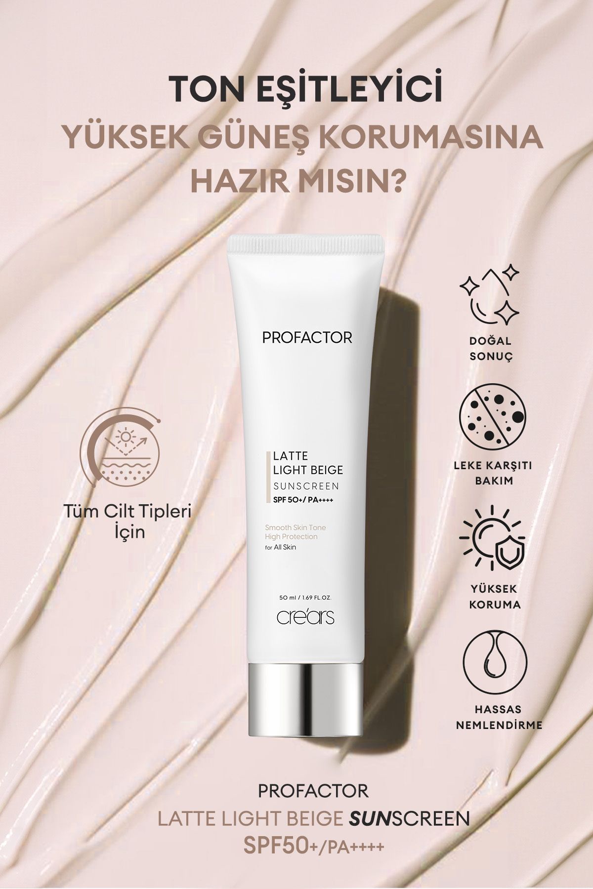 Cre'ars Kapatıcı Renkli Güneş Kremi Cre'ars Profactor Latte Sunscreen SPF50+/PA++++ (Light Beige) - Görsel 2