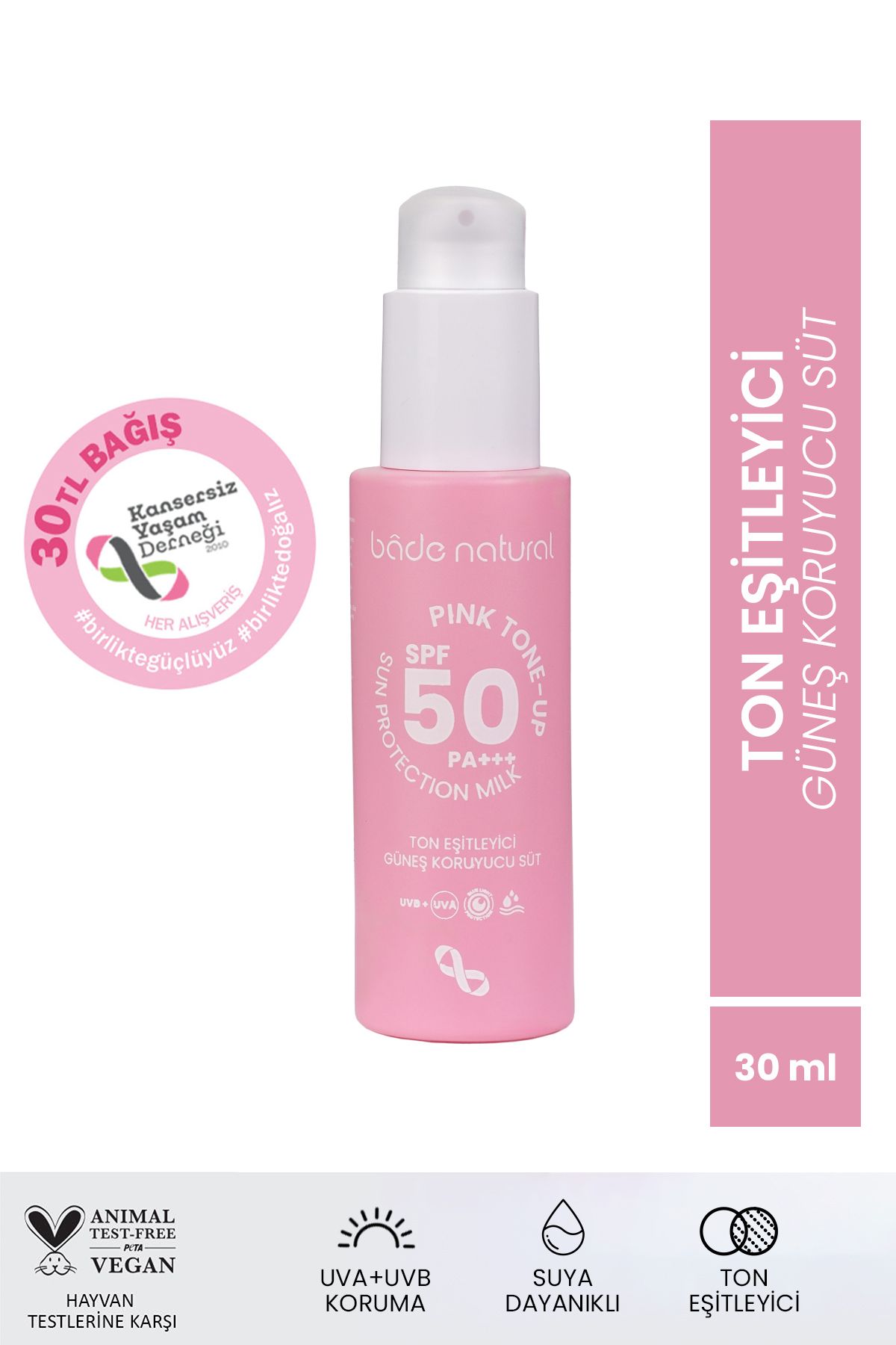 Bade Natural Ton Eşitleyici Ve Aydınlatıcı 50 Spf Pembe Güneş Koruyucu Süt 30 ml