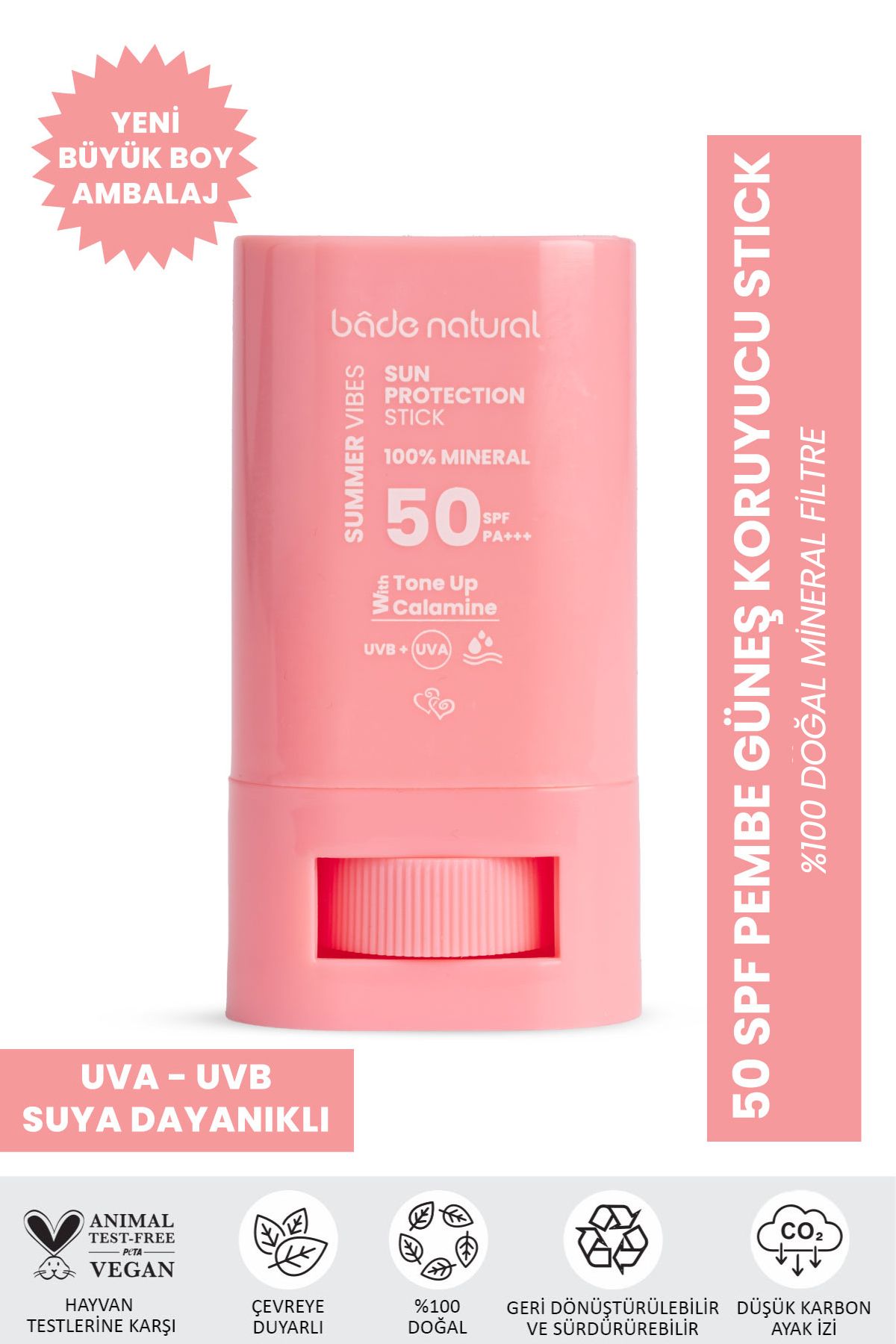 Bade Natural 50 SPF Ton Eşitleyici ve Cilt Aydınlatıcı Pembe Yüksek Korumalı Güneş Koruyucu Stick