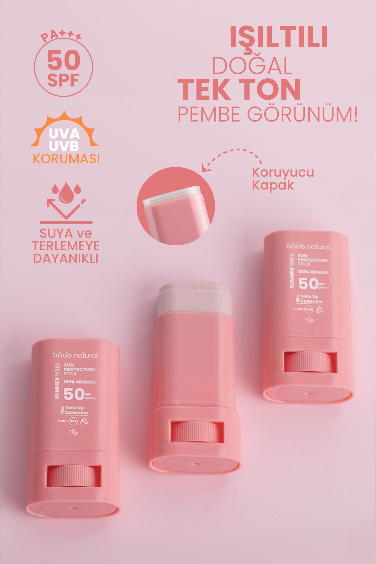 Bade Natural 50 SPF Ton Eşitleyici ve Cilt Aydınlatıcı Pembe Yüksek Korumalı Güneş Koruyucu Stick - Görsel 2