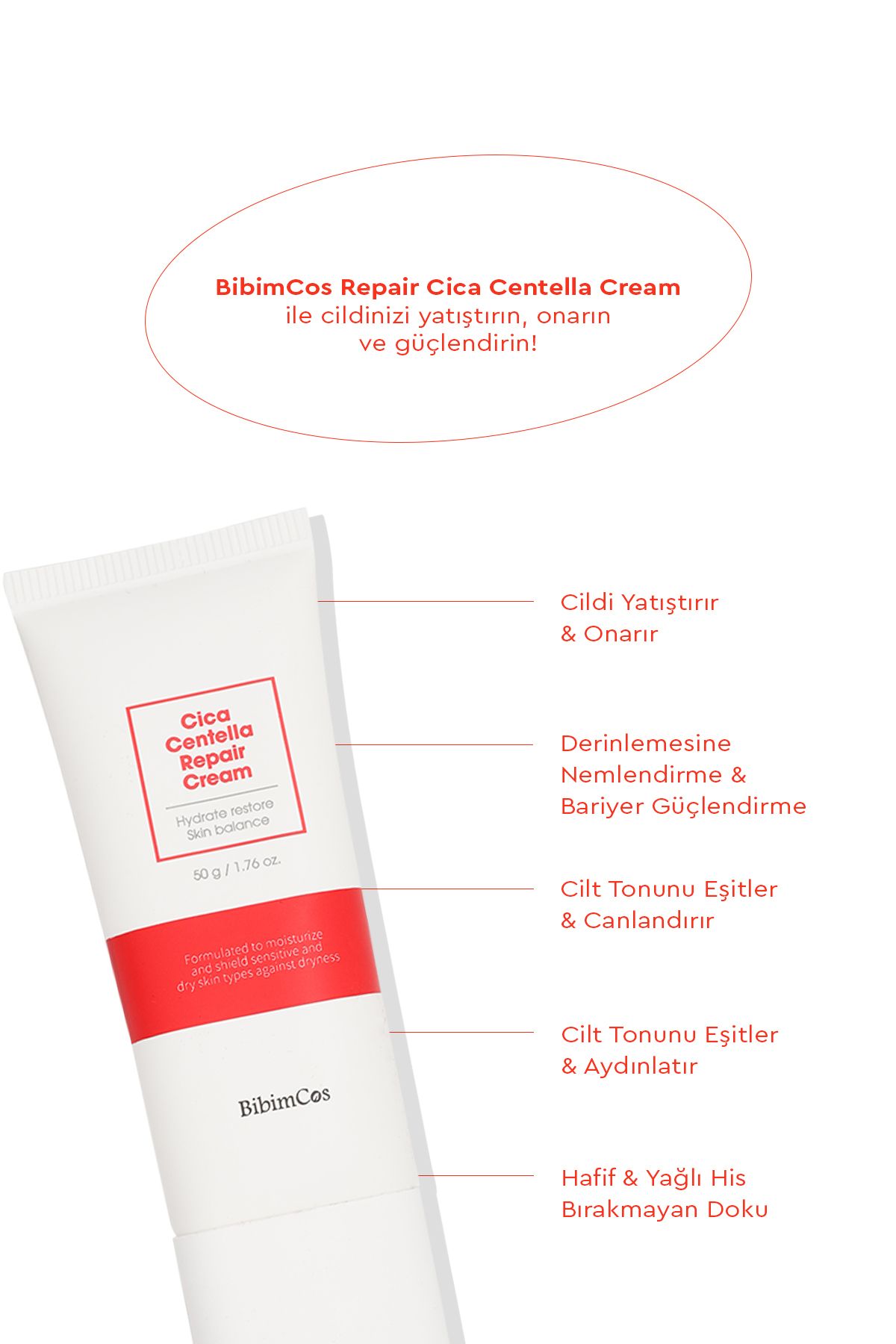 Bibimcos Cica Centella Repair Cream 50g - Cilt Onarıcı Ve Sakinleştirici Krem - Görsel 2