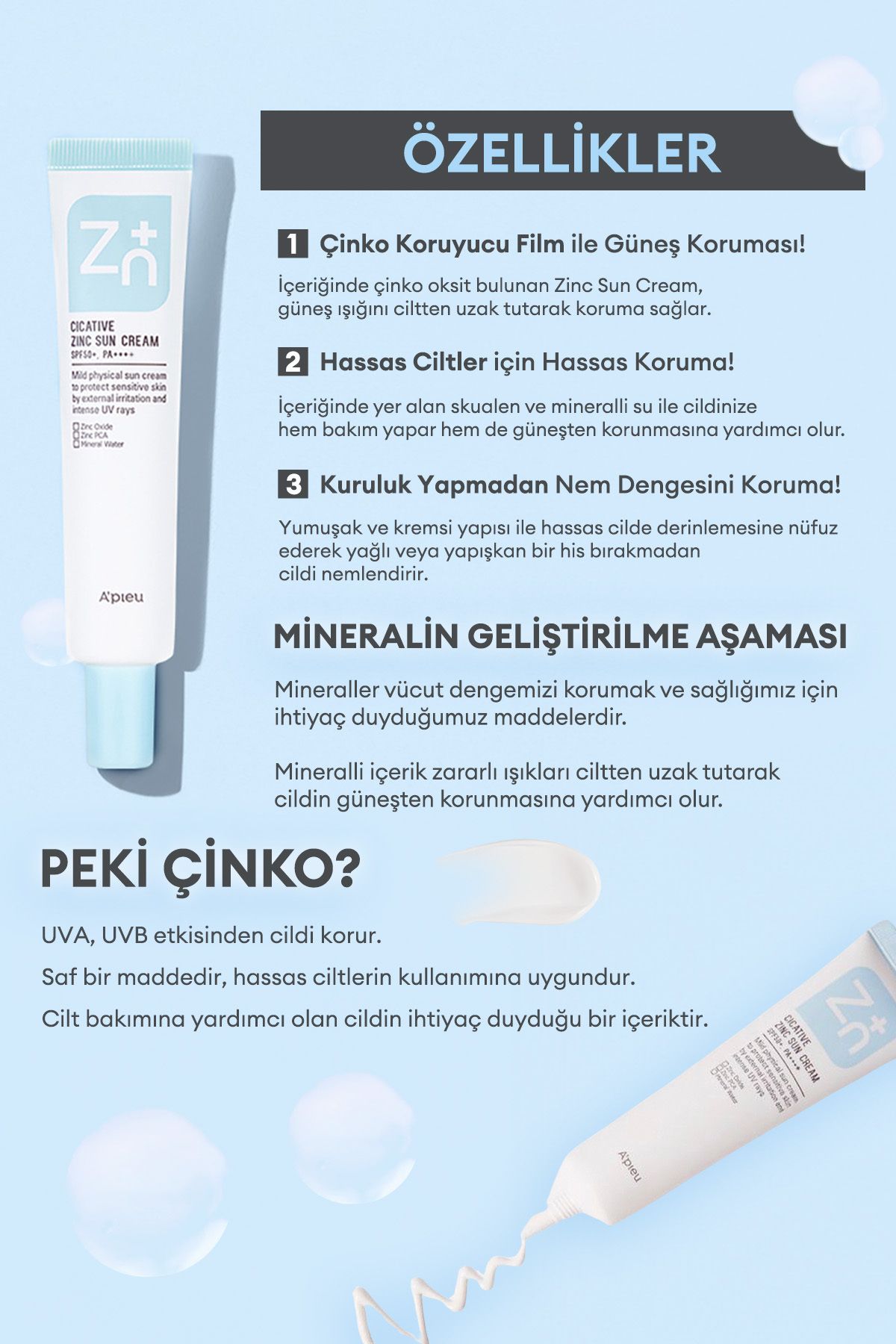 Missha Çinko İçerikli Mineral Güneş Koruyucu A' PIEU Cicative Zinc Sun Cream SPF50+/PA++++ - Görsel 2