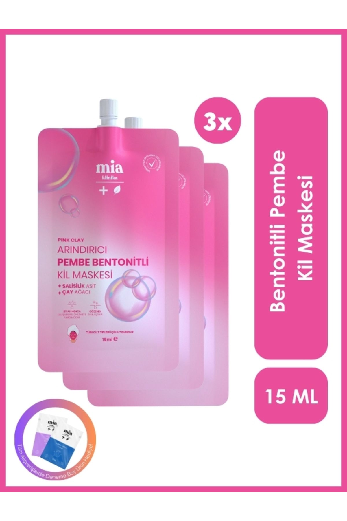 mia klinika Siyah Nokta Karşıtı, Gözenek Sıkılaştırıcı Bentonitli Pembe Kil Maskesi 15 ML