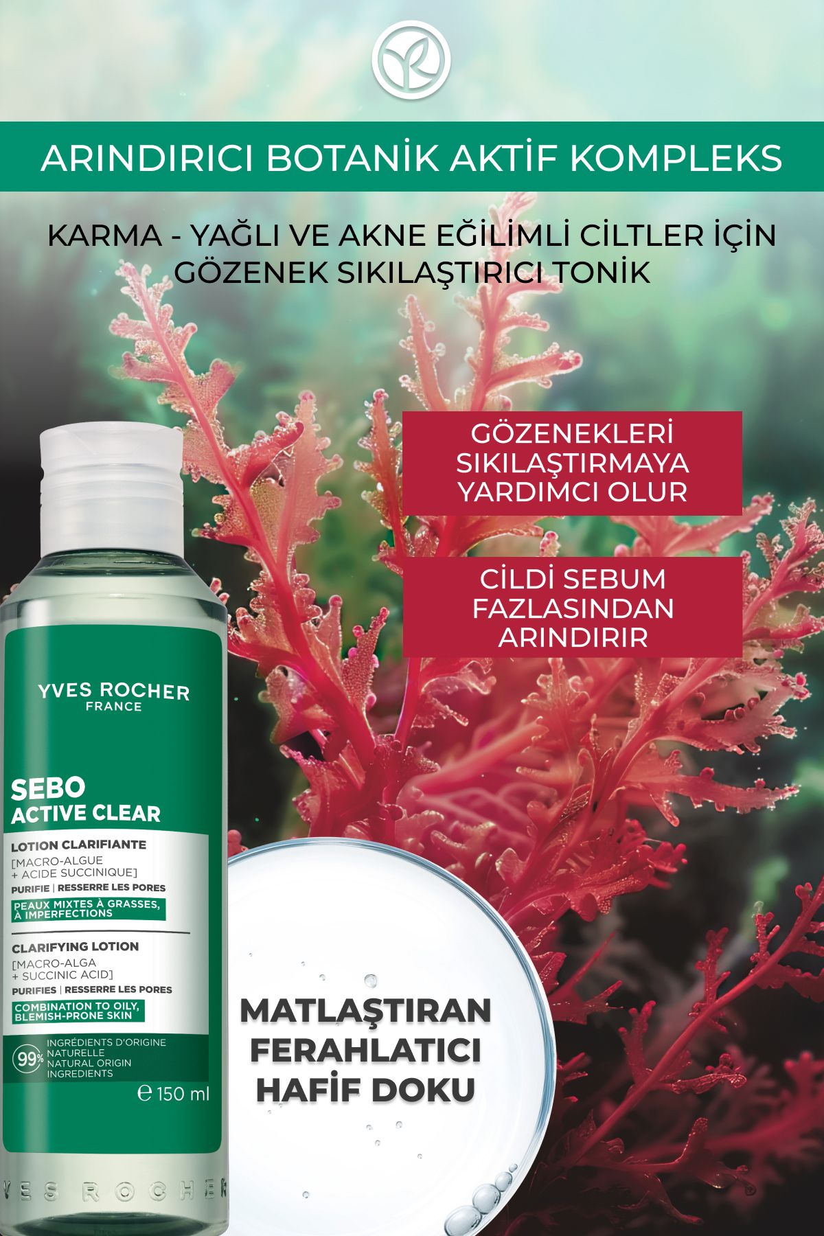 Yves Rocher Arındırıcı Gözenek sıkılaştırıcı Tonik-Süksinik Asit&Çinko-Sebo Active Clear Botanik Kompleks-150ml - Görsel 2